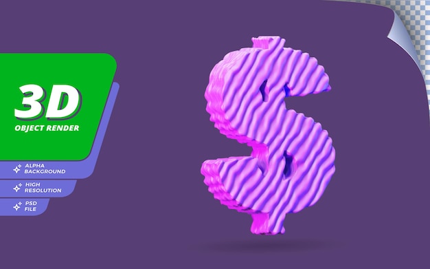 Symbool dollar in 3d render geïsoleerd met abstracte topografische paarse draad textuur ontwerp illustratie
