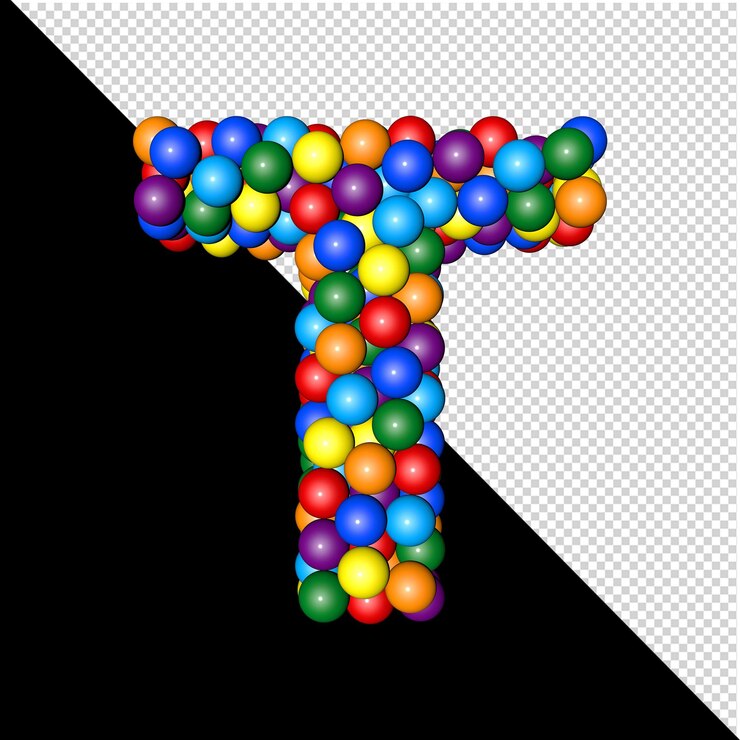 PSD symbool uit de verzameling letters gemaakt van ballen van regenboogkleuren op een transparante achtergrond. 3d-hoofdletter t