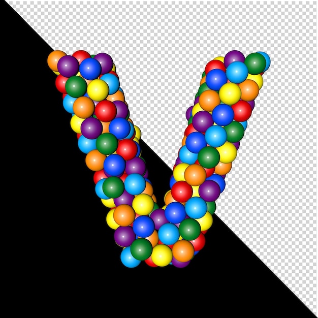 Symbool uit de verzameling letters gemaakt van ballen van regenboogkleuren op een transparante achtergrond. 3d-hoofdletter v