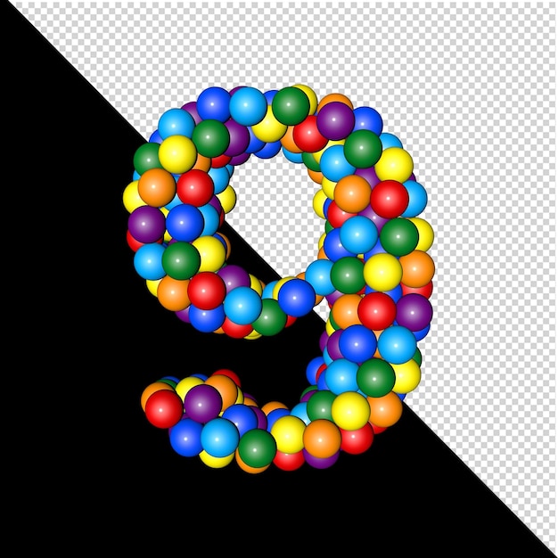 Symbool uit de verzameling letters gemaakt van ballen van regenboogkleuren op een transparante achtergrond. 3d-nummer 9