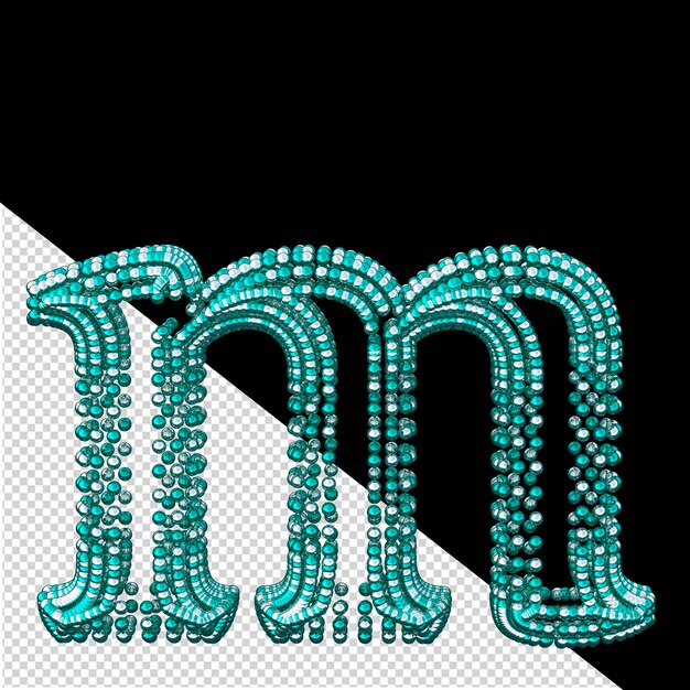 Symbool van kleine zilveren en turquoise bollen letter m