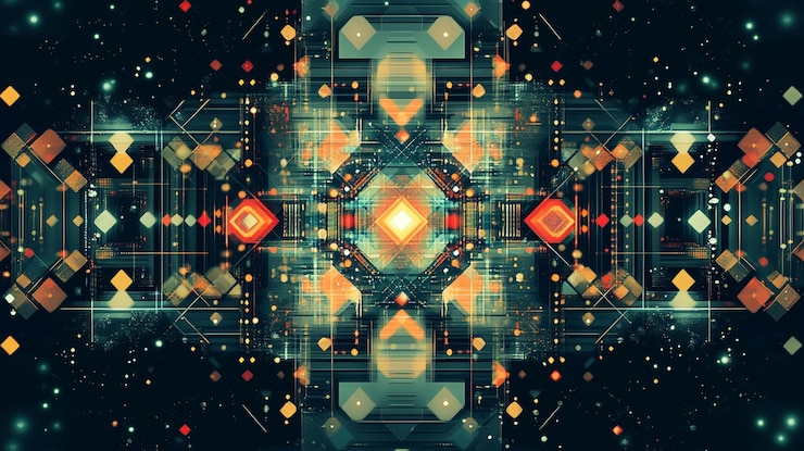 PSD symmetrical digital art with glowing geometric patterns and dark background