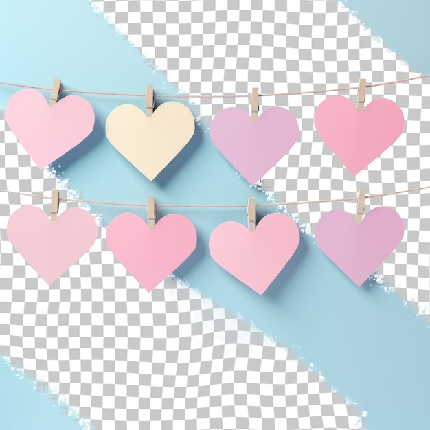 PSD symmetrical pattern of pink and yellow hearts on a clothes line