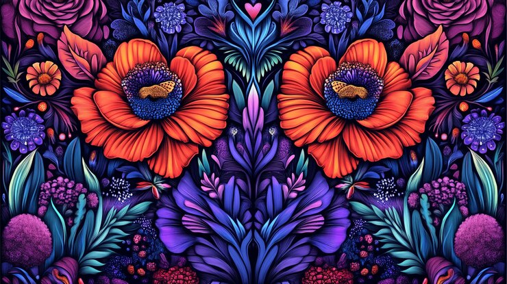 PSD symmetrical vibrant floral illustration with poppies roses and other flowers in blue purple and orange hues