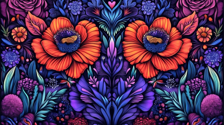 PSD symmetrical vibrant floral illustration with poppies roses and other flowers in blue purple and orange hues