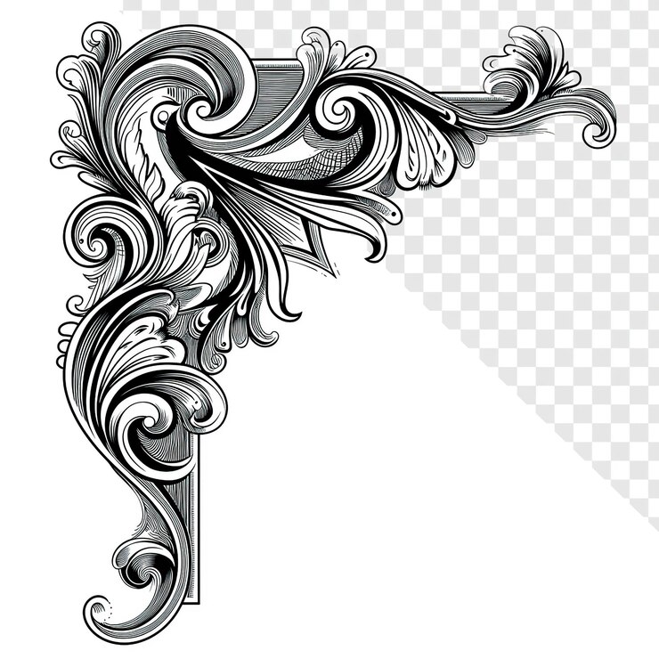 PSD symmetrical vintage black and white corner ornament line art