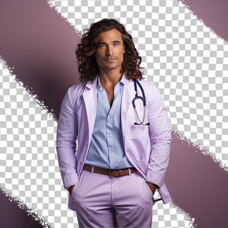 PSD a sympathetic adult man with long hair from the hispanic ethnicity dressed in pediatrician attire poses in a leaning against a wall style against a pastel periwinkle background