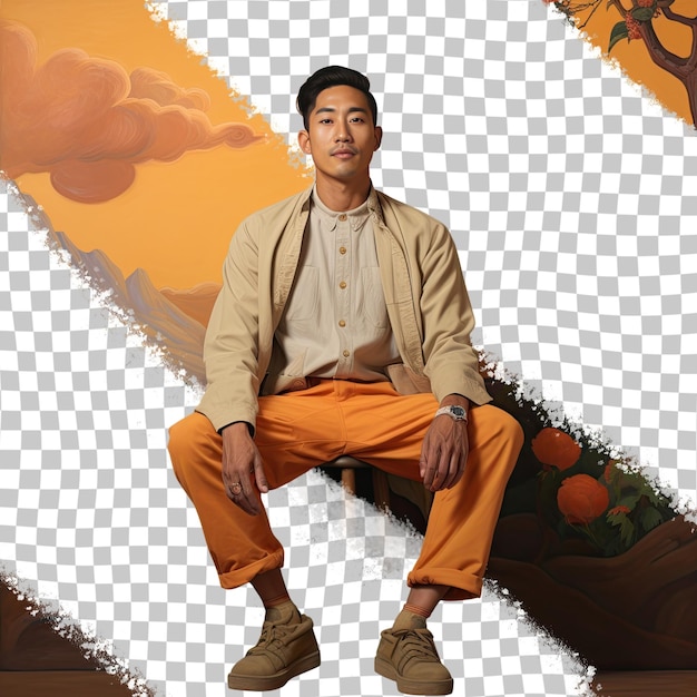A sympathetic adult man with short hair from the southeast asian ethnicity dressed in traveling to new places attire poses in a back arch with hands on thighs style against a pastel apricot