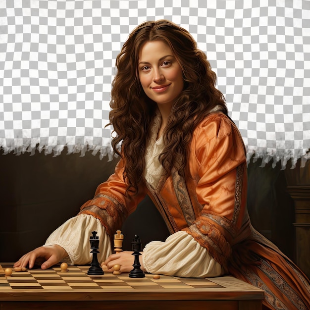 PSD a sympathetic middle aged woman with long hair from the slavic ethnicity dressed in playing chess attire poses in a tilted head with a grin style against a pastel apricot background