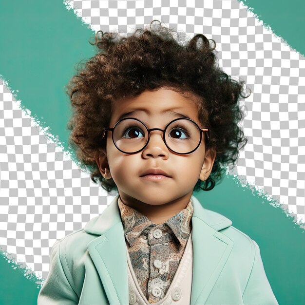 A sympathetic preschooler boy with kinky hair from the hispanic ethnicity dressed in anthropologist attire poses in a eyes looking over glasses style against a pastel teal background