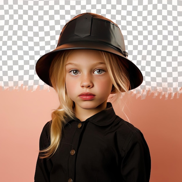 PSD una ragazzina di età prescolare simpatica con capelli biondi di etnia scandinava vestita in abito da fabbro posa in uno stile gaze through a prop come un cappello su uno sfondo pastel peach