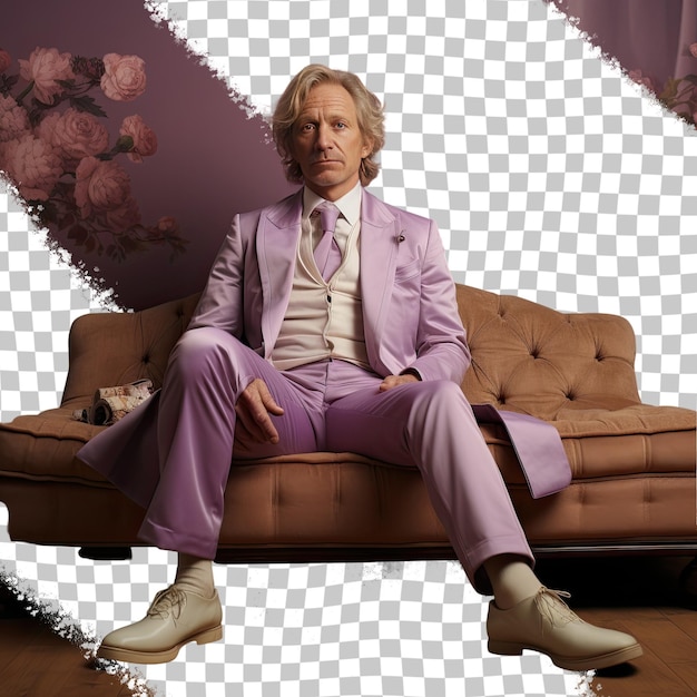 A sympathetic senior man with blonde hair from the scandinavian ethnicity dressed in sewing clothes attire poses in a graceful floor seating style against a pastel lilac background