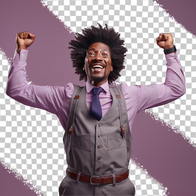 PSD a sympathetic senior man with kinky hair from the african ethnicity dressed in industrial engineer attire poses in a standing with arms raised style against a pastel mauve background