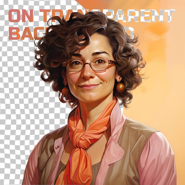 PSD a sympathetic senior woman with curly hair from the uralic ethnicity dressed in game developer attire poses in a head tilt with a serious expression style against a pastel peach background