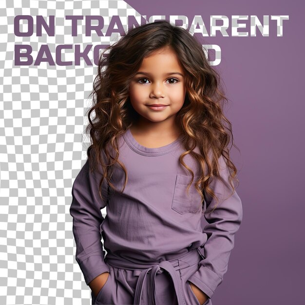 PSD a sympathetic toddler woman with long hair from the aboriginal australian ethnicity dressed in choreographer attire poses in a one hand on waist style against a pastel lilac background