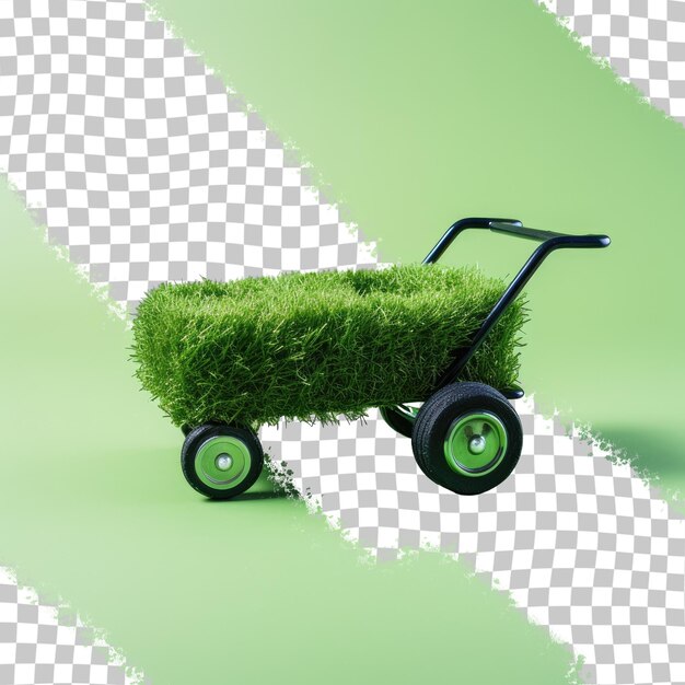 PSD Продавец синтетической травы и дерна, небольшой ковер, похожий на волокна, в маленькой тележке, расположенной на прозрачном фоне