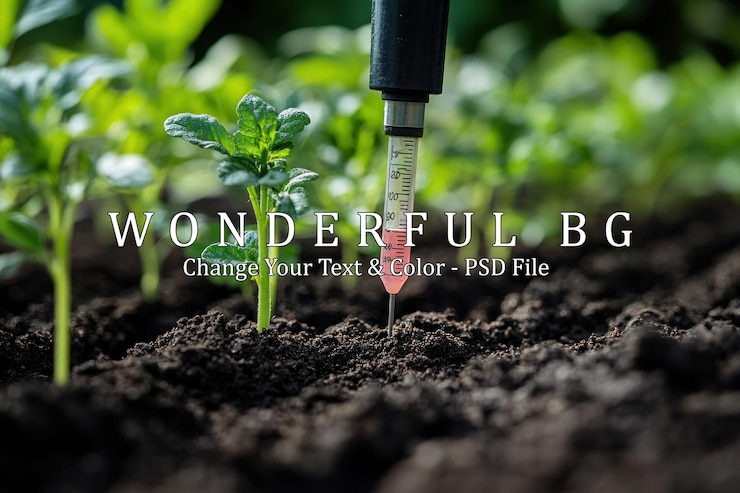 PSD a syringe with pink liquid being injected into the soil next to a row of young green plant seedlings