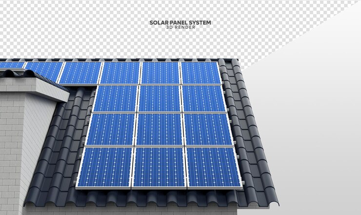 System paneli słonecznych na dachu domu Realistyczne renderowanie 3D izolowane do składu