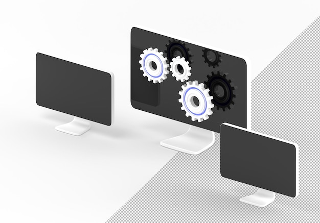 System update isometric 3D banner Concept of website maintenance software development and management improvement upgrade program technical support with gears on computer screen 3D illustration