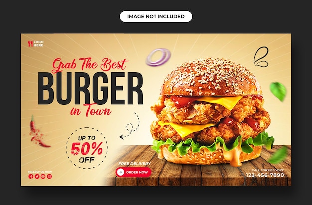 Szablon banera internetowego z pysznym burgerem i fast foodem