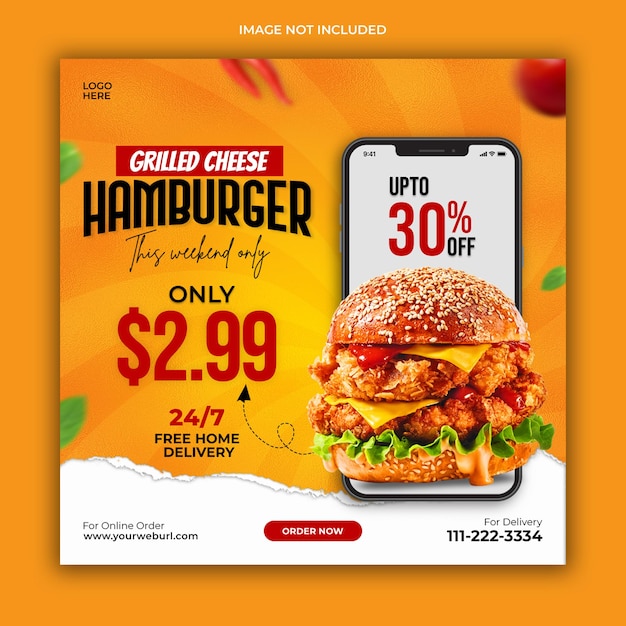Szablon Banera Promocyjnego W Mediach Społecznościowych Z Pysznym Burgerem I Jedzeniem