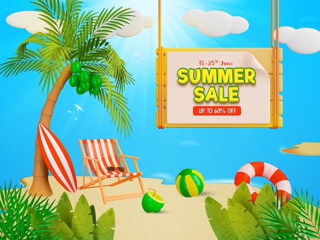 Szablon banerów letniej wyprzedaży z kolorowymi elementami plaży 3D