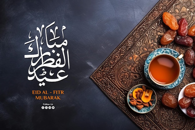 Szablon Baneru Eid Al Fitr Z Filiżanką Herbaty Z Suszonymi Owocami Na Stole Na Ciemnym Tle
