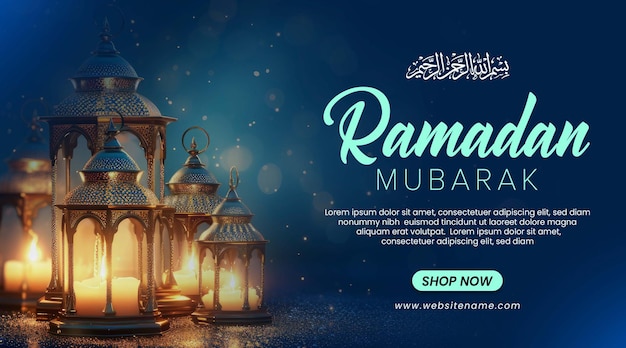 Szablon Baneru Ramadanu Mubaraka Z Latarnią I Ciemno Niebieskim Tłem