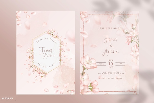 Szablon dwustronnego zaproszenia ślubnego z kwiatem sakura