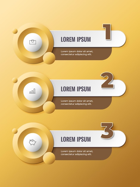 Szablon infograficzny procesu w trzech krokach z nowoczesnym projektem w kolorze złotym i białym