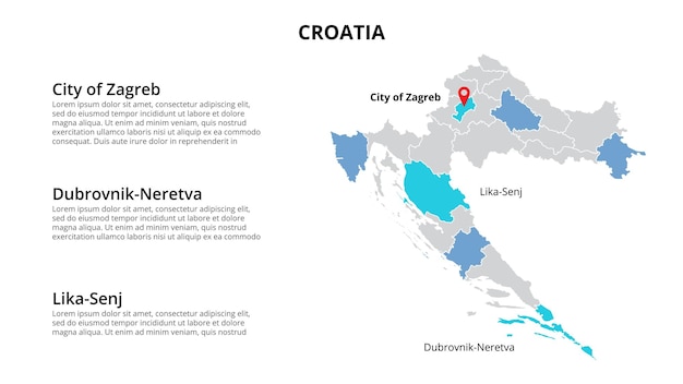 PSD szablon infografiki mapy chorwacji podzielony według krajów prezentacja slajdów
