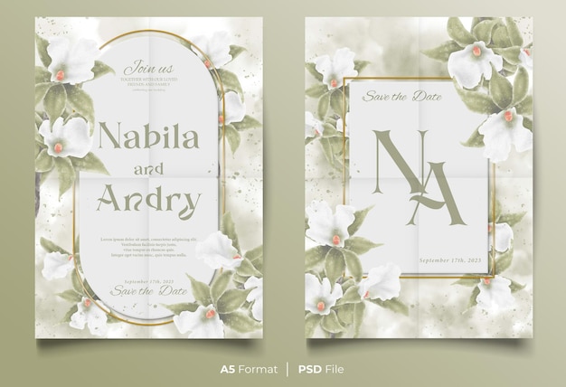 PSD szablon karty zaproszenia ślubne akwarela z ornamentem biały i zielony kwiat