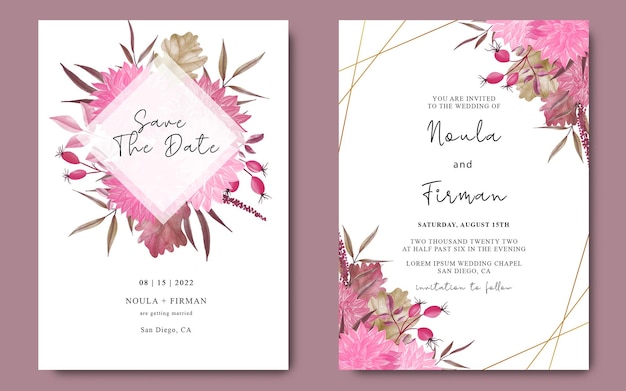 PSD szablon karty zaproszenia ślubne z akwarelowymi kwiatami