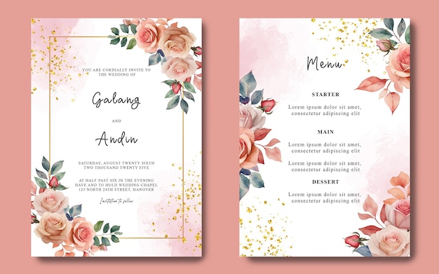 PSD szablon karty zaproszenia ślubne z kartą główną i kartą menu z różami akwarelowymi