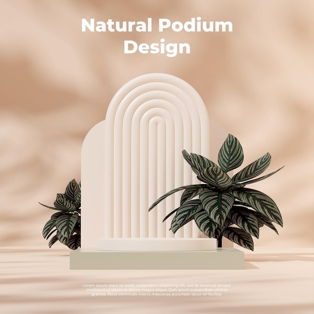 Szablon makiety renderowania 3D z białego zielonego podium w kwadracie z różowym paskiem calathea i łukiem