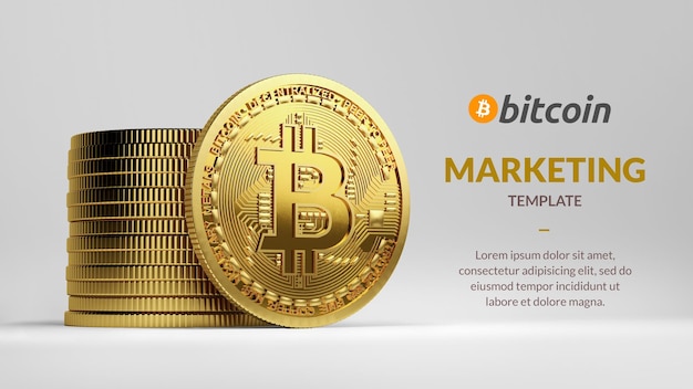 Szablon marketingu Bitcoin ze stosem bitcoinów na białym tle renderowania 3D