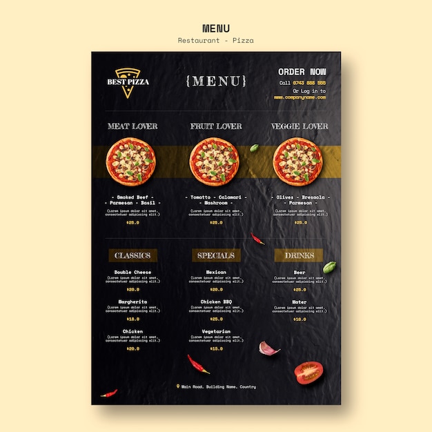 Szablon menu dla pizzerii