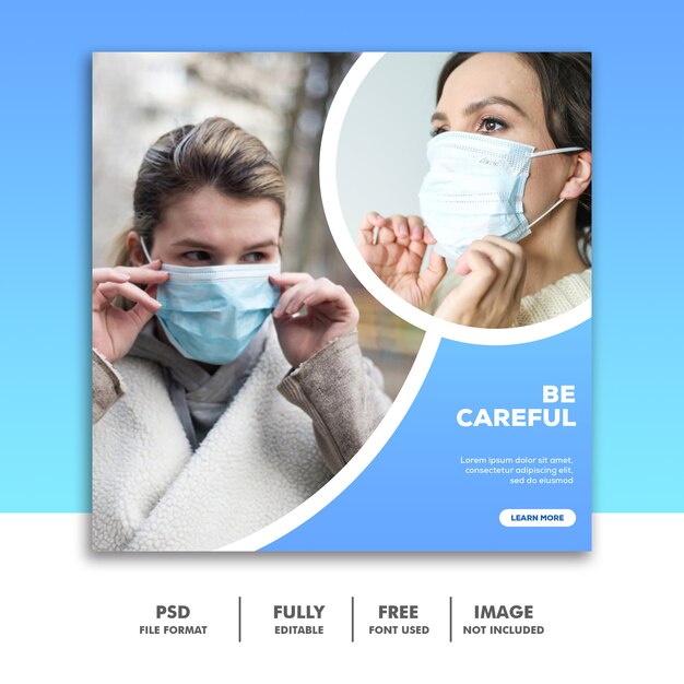 PSD szablon ogłoszenia w mediach społecznościowych instagram, uważaj na maskę przy użyciu koronawirusa