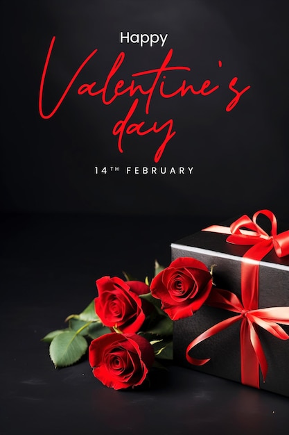 PSD szablon plakatów na dzień świętego walentynki z pudełkiem z prezentami, czerwoną różą i ciemnym tłem