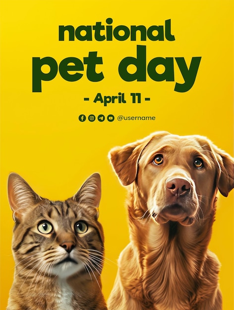 PSD szablon plakatów z okazji narodowego dnia zwierząt z psem i kotem na tle