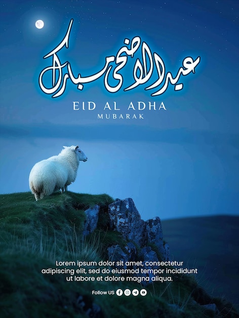 PSD szablon plakatu eid al-adha z tłem sylwetki kozy na wzgórzu w nocy przeciwko