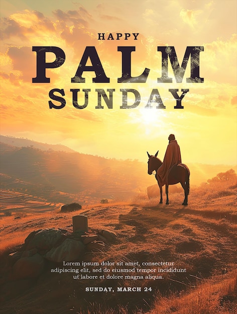 PSD szablon plakatu niedzieli palmowej z sylwetką jezusa chrystusa jadącego na osiołku na tle zachodu słońca na łące