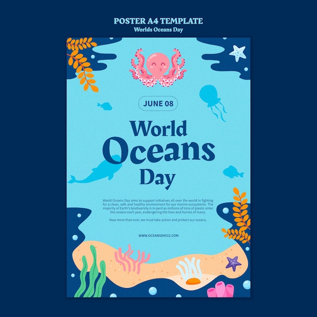 Szablon plakatu pionowego światowego dnia oceanów z życiem morskim