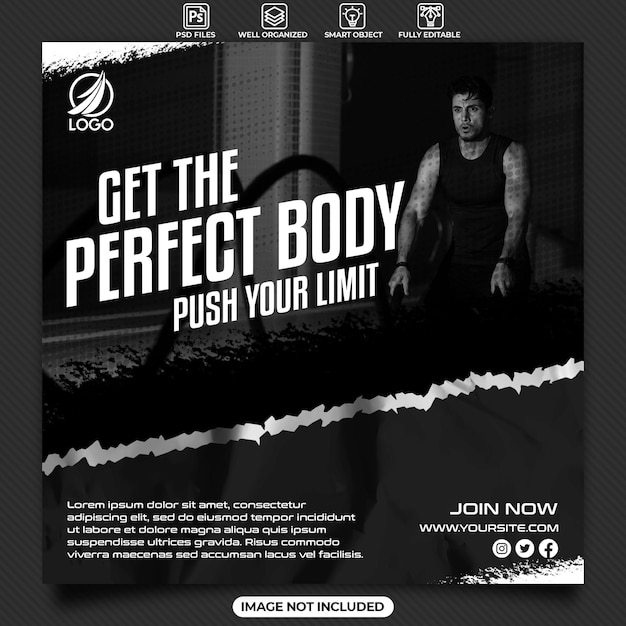 Szablon plakatu promocji siłowni i fitnessu w mediach społecznościowych