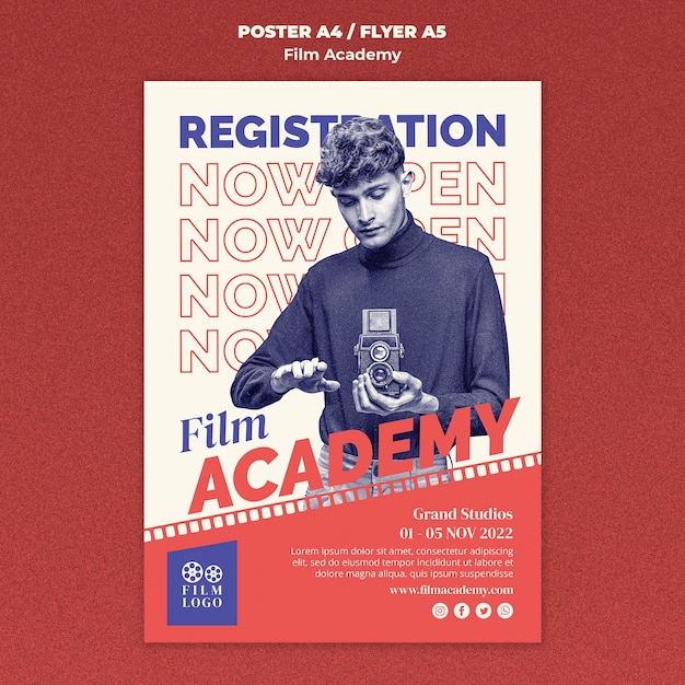 PSD szablon plakatu rejestracyjnego akademii filmowej