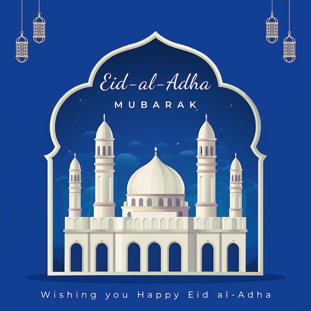 Szablon postu Eid al Adha z meczetem na niebieskim tle