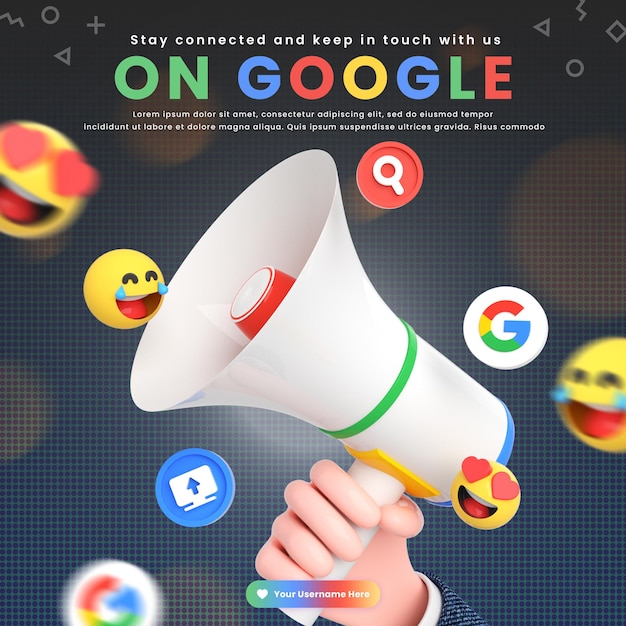 Szablon Postu W Mediach Społecznościowych Google Z Logo Sieci Społecznościowych I Ikoną Wokół Megafonu 3d