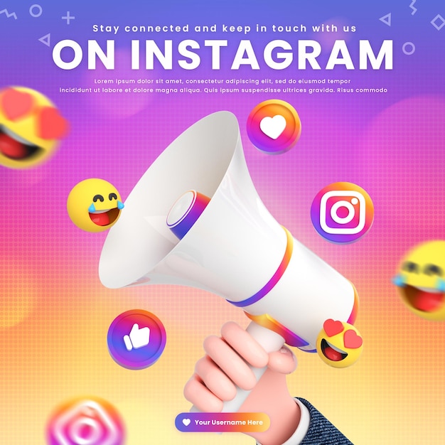 Szablon postu w mediach społecznościowych na Instagramie z logo sieci społecznościowych i ikoną wokół megafonu 3d