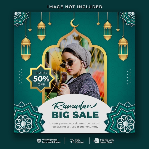 PSD szablon postu w mediach społecznościowych z dużą sprzedażą ramadanu