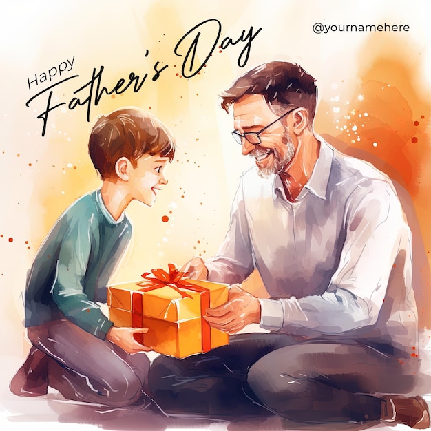 PSD szablon postu w mediach społecznościowych z okazji dnia ojca z dzieckiem dającym prezent ojcu